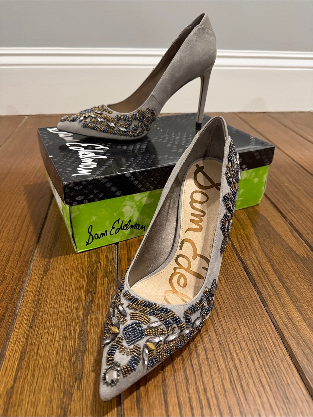 Sam Edelman “Dani” Gray Beaded Pointed-Toe Pumps, Sz 9